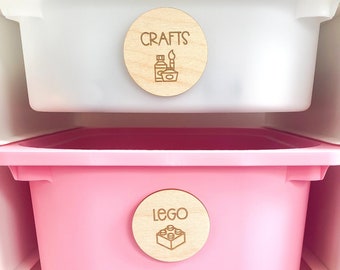 Round Wooden Toy Box Storage Tags - Trofast Labels - Playroom Decor - Interior Signage - Custom Message And Icons Available!