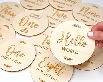 Baby Milestone Wooden Discs, Newborn Photo Props, Monthly Age Milestones 12 Month Set + Hello World, New Parent Gift Ideas