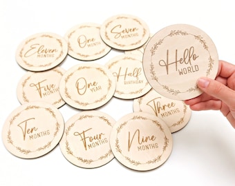Baby Milestone Wooden Discs, Newborn Photo Props, Monthly Age Milestones 12 Month Set + Hello World/Salaam World, New Parent Gift Ideas