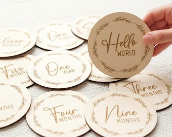 Baby Milestone Wooden Discs, Newborn Photo Props, Monthly Age Milestones 12 Month Set + Hello World/Salaam World, New Parent Gift Ideas