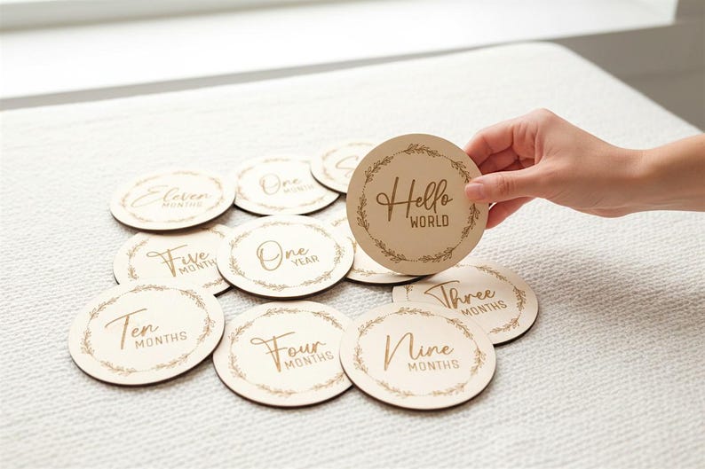 Baby Milestone Wooden Discs, Newborn Photo Props, Monthly Age Milestones 12 Month Set + Hello World/Salaam World, New Parent Gift Ideas image 1