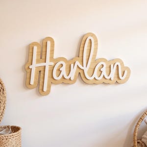 以下が含まれることがあります： 「Harlan」という名前がレイヤーデザインで表示された木製のサイン。ベースレイヤーは明るい木材で、名前は白で、3D効果を生み出しています。白い壁に取り付けられており、子供部屋の装飾に適しています。