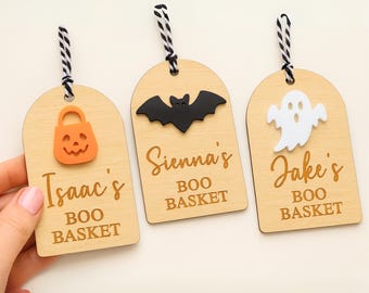 Personalisierte Boo Korb-Tag aus Holz mit gruseliger Ikone