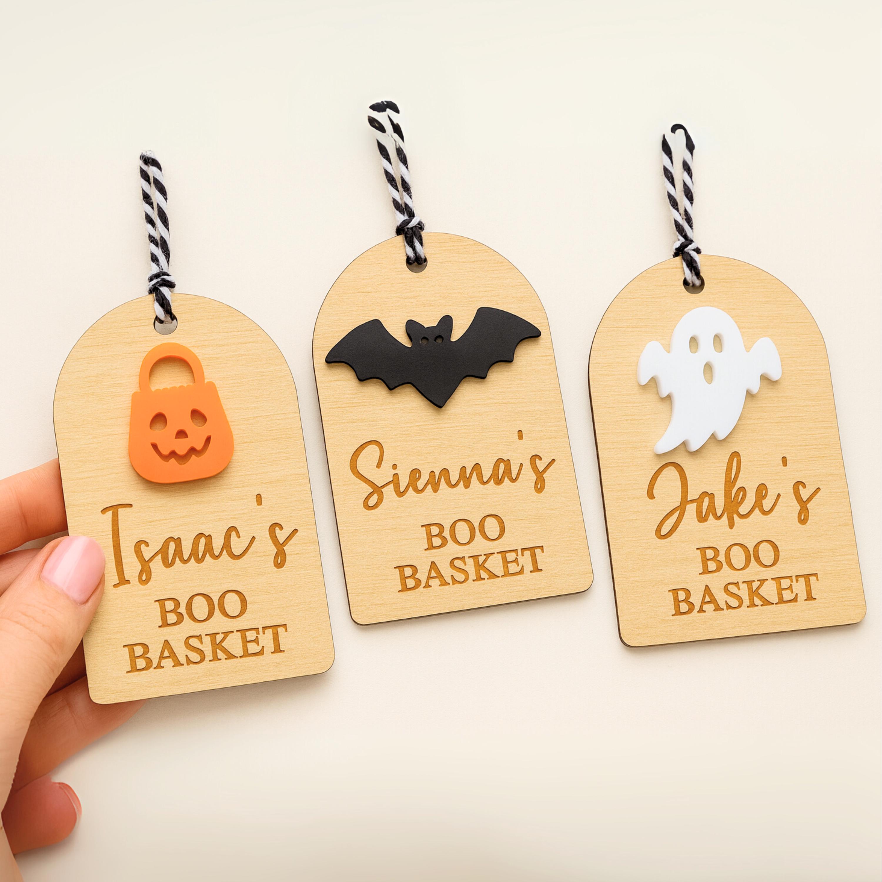 Personalised Wooden Boo Basket Tag | Cute Halloween Name Tag for Kids ...