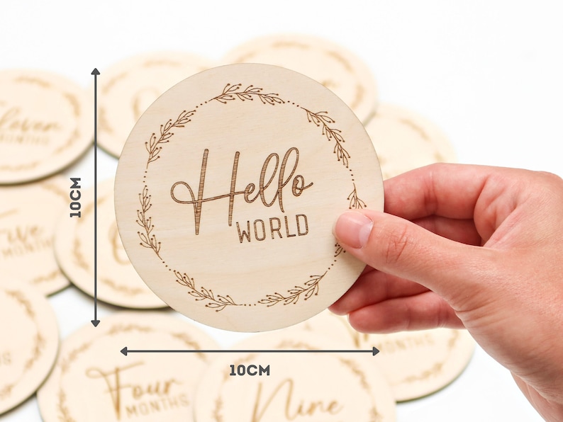 Baby Milestone Wooden Discs, Newborn Photo Props, Monthly Age Milestones 12 Month Set Hello World/Salaam World, New Parent Gift Ideas image 4