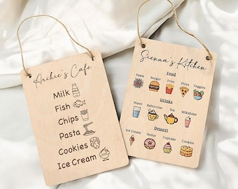 Menú personalizado de cocina de juguete de madera para niños / Letrero personalizado para cafetería de juguete / Decoración para sala de juegos Montessori / Accesorios y regalos de cocina para niños