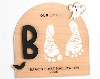 Personalisierter Halloween Fußabdruck DIY Baby Neugeborenen Zeichen - My Little Boo Andenken, Babys erstes Halloween Geschenk, individuelles Holz Kinderzimmer Deco