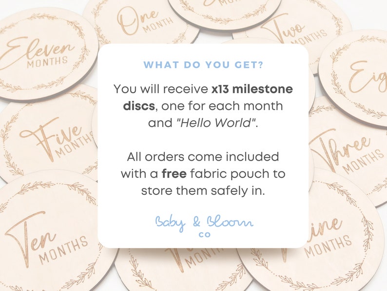 May include: A set of 13 wooden milestone discs with a floral wreath design and the words "One Month", "Two Months", "Three Months", "Four Months", "Five Months", "Six Months", "Seven Months", "Eight Months", "Nine Months", "Ten Months", "Eleven Months", "Twelve Months", and "Hello World". The discs are arranged in a circle on a white background. The text "WHAT DO YOU GET?" is written in blue text on a white background. The text below reads: "You will receive x13 milestone discs, one for each month and "Hello World". All orders come included with a free fabric pouch to store them safely in. Baby & Bloom CO."