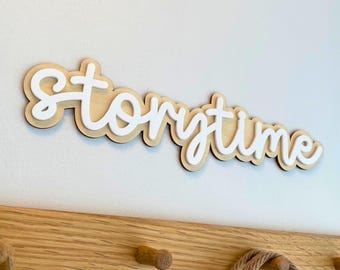 Storytime Wooden Wall Sign - Kids Reading Corner Nursery Decor | Laser Cut Script Word Plaque | Playroom Book Nook Bedroom Wall Art