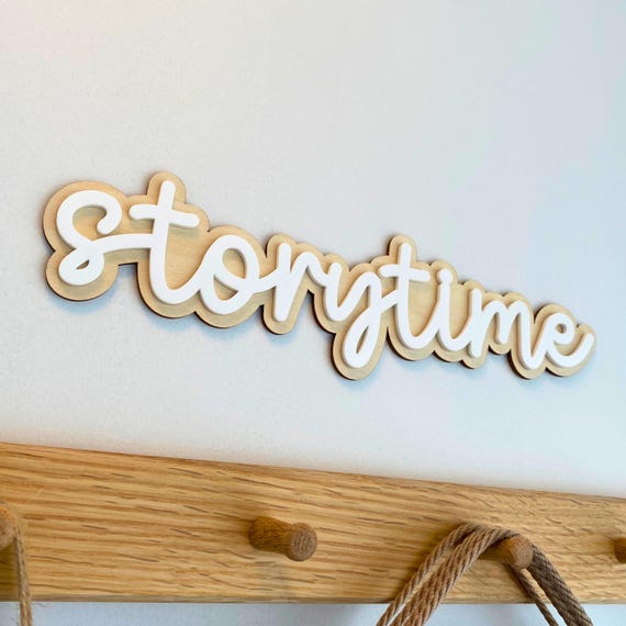 Storytime Wooden Wall Sign - Kids Reading Corner Nursery Decor | Laser Cut Script Word Plaque | Playroom Book Nook Bedroom Wall Art