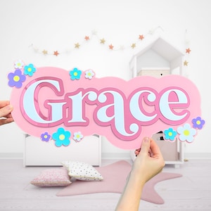 Letrero acrílico con nombre para niños con detalles florales, letrero de pared multicapa para dormitorio, arte de pared para guardería, sala de juegos, decoración de dormitorio para niñas