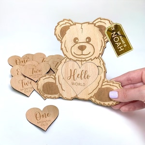 Souvenir d'une étape importante pour bébé ours en peluche - Design interchangeable, Bonjour tout le monde + 12 mois - Accessoires photo nouveau-né - Idées cadeaux uniques pour nouveaux parents