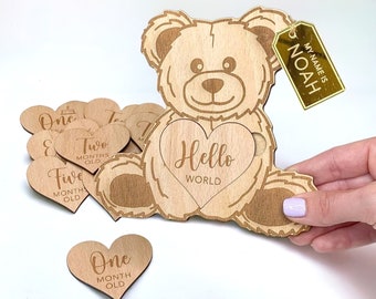 Teddy Bear Baby Milestone Keepsake - Interchangeable Design, Hello World + 12 Month Set - Newborn Photo Props - Unique New Parent Gift Ideas