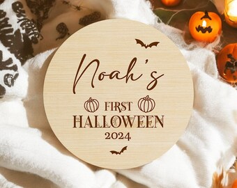 Personalised My First Halloween 2024 Baby Name Plaque | Wooden Pumpkin Detail Sign | Baby's First Halloween Photo Props & Announcement