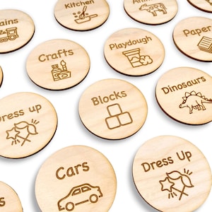 Etiquetas para guardar cajas de juguetes - Etiquetas Trofast de madera - Decoración para salas de juegos - Señalización interior - ¡Mensajes e íconos personalizados disponibles!