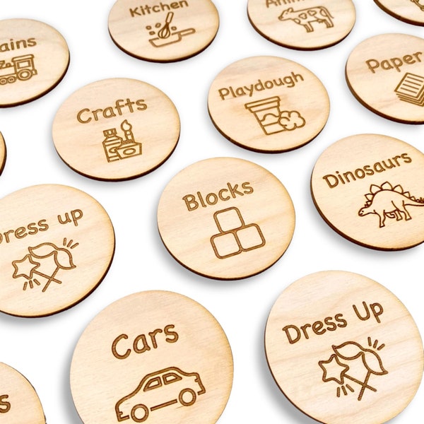 Etiquetas de almacenamiento de cajas de juguetes - Etiquetas Trofast de madera - Decoración de sala de juegos - Señalización interior - ¡Mensajes e iconos personalizados disponibles!