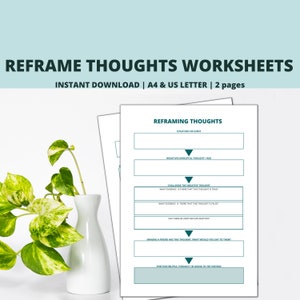 Reframe negative thoughts printable, self care worksheets to challenge negative thoughts and distortions. Coping skills, CBT self help tool