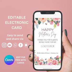 Blumige, bearbeitbare elektronische Muttertagskarte, eine lustige Art, Mama oder Mama per Text oder E-Mail wissen zu lassen, dass du sie an diesem Muttertag liebst
