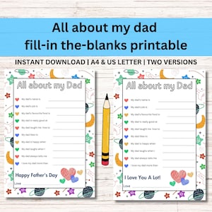 Father&#39;s day all about my dad fill in the blank gift from kids, Father&#39;s day craft from kids, Father&#39;s day gift, gift for dad printable