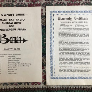 May include: Black and white owner's guide and warranty certificate for a Boman FM-AM car radio custom built for a Volkswagen Sedan. The guide lists the contents of the package, including the radio assembly, speaker assembly, rear support strap, and accessories. The warranty certificate states that the product is warranted to be free from defects in material or factory workmanship.