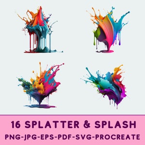 May include: Four colorful paint splatters and splashes, each with a unique shape and color combination. The colors include red, orange, yellow, green, blue, and purple. The paint is dripping down from the splatters, creating a dynamic and artistic effect.