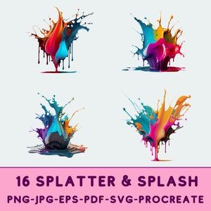 May include: Four colorful paint splatters, each with a unique shape and color combination. The splatters are isolated on a white background. The colors include red, orange, yellow, green, blue, purple, and black.