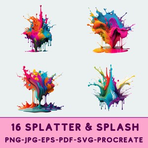 May include: Four colorful paint splatters and splashes, each with a unique shape and dripping effect. The colors are vibrant and include blue, green, yellow, orange, pink, and red.