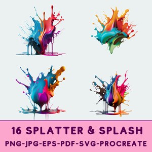 May include: Four colorful paint splatters in various shades of blue, orange, pink, and purple. The paint is dripping down from the center of each splatter.