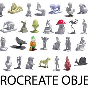 Puede incluir: Una colección de 50 modelos 3D de varios objetos, incluyendo animales, plantas y personas. Los modelos están todos en un esquema de color blanco, gris o marrón y están dispuestos en filas sobre un fondo blanco. El texto "50 PROCREATE OBJECTS" está en la parte inferior de la imagen.