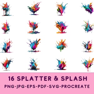 16 3D Paint Splatter with Procreate, Watercolor, Acrylic Splatter, Sublimation Background PNG, Rainbow Colors, Colorful Splash, Digital Art