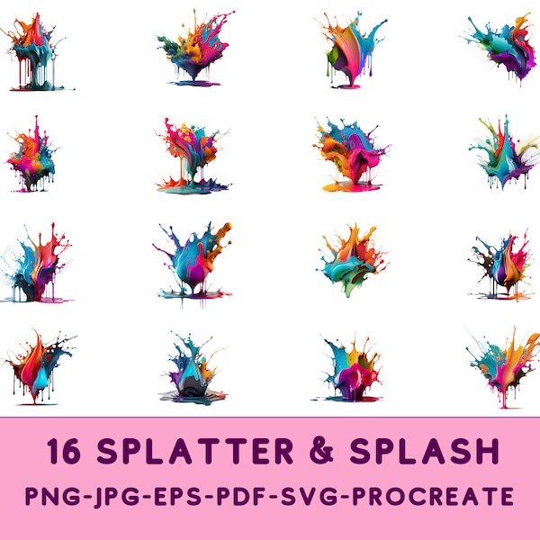 16 3D Paint Splatter with Procreate, Watercolor, Acrylic Splatter, Sublimation Background PNG, Rainbow Colors, Colorful Splash, Digital Art