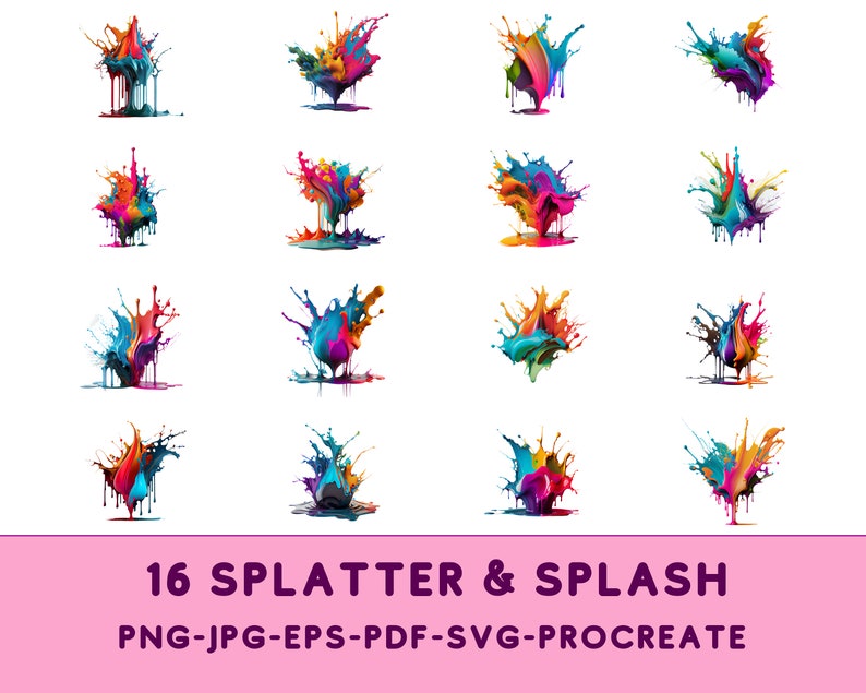 May include: 16 colorful paint splatters and splashes in various shapes and sizes. The splatters are isolated on a white background.