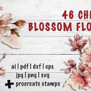 46 Procreate Brushes, Cherry Blossom Tattoo Set, Blossom SVG, PNG, Procreate tattoo brushes, Sakura, Fleur, Timbres, Art print, Aquarelle