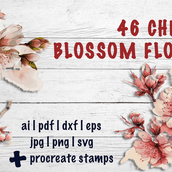 46 Procreate Brushes, Cherry Blossom Tattoo Set,  Blossom SVG, PNG , Procreate tattoo brushes, Sakura, Flower, Stamps, Art print, Watercolor