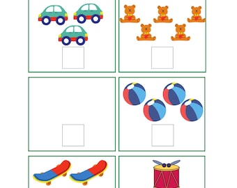 May include: A printable worksheet with counting activities for kids. The worksheet features images of toy cars, teddy bears, balls, skateboards, and a drum. The worksheet instructs children to count the objects and write the number in each box.