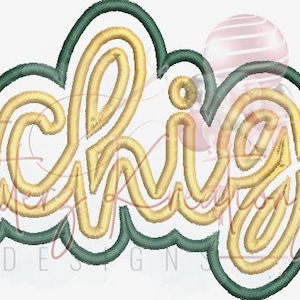 May include: A cursive-style embroidered patch with the word "Michigan" in gold, outlined in dark green and white. The design has a wavy, layered effect, suitable for apparel or accessories.