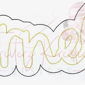 May include: A black and white outline of the word "Knel's" in a cursive font. The word is outlined in a yellow dotted line.