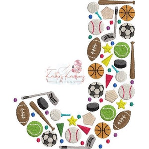 Alfabeto deportivo. Letra J. Balones deportivos. Fútbol. Béisbol. Baloncesto. Tenis. Fútbol americano. Golf. Hockey. Diseño de bordado digital.