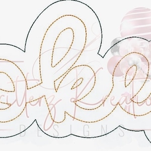 Könnte beinhalten: Eine digitale Stickdatei für das Wort "Peace" in Kursivschrift mit goldener und schwarzer Umrandung. Das Design hat die Form einer Wolke.