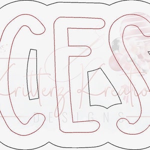 May include: A black and white outline of the word "CES" in a stylized font. The letters are connected and have a rounded, whimsical look.
