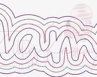 May include: A black and white outline of the word "mama" with multiple layers of outlines. The word is in a cursive font.