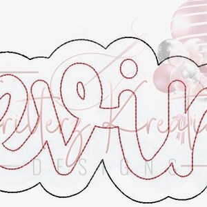May include: A white, cloud-shaped design with the name "Devine" in a cursive font outlined in red. The text "Krieter Kreations Designs" is also visible. Decorative pink and silver orbs are in the background.