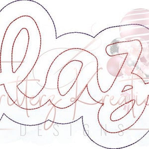 May include: A digital design file for a "Blaze" word art design. The word is written in a cursive font with a red outline and a white fill.