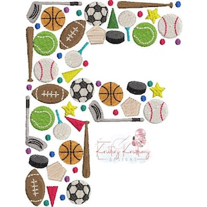 May include: A colorful letter F made up of various sports equipment, including baseballs, footballs, basketballs, soccer balls, golf clubs, and bats. The letter is surrounded by smaller sports-themed icons.