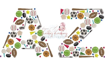Sports Alphabet. 26 Letters Sports Balls. Soccer. Baseball. Basketball. Tennis. Football. Golf. Hockey. Digital Embroidery Design.Sizes 4-6&quot;
