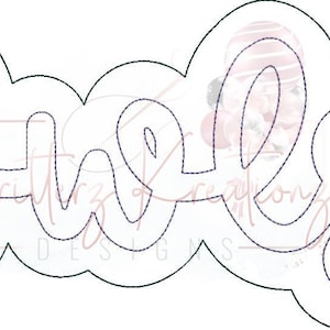 May include: A white outline of the word "Hello" in a cursive font. The word is surrounded by a white outline of a cloud shape.