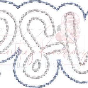 May include: A digital design featuring the letters "RSM" in a bubble font style. The letters are outlined with a stitched effect in gray, with a blue scalloped border. The background includes a blurred image of balloons.