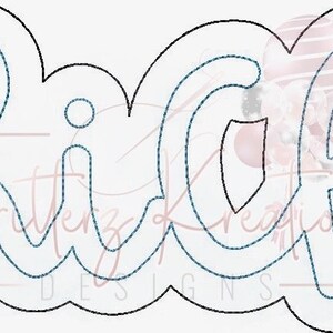 以下が含まれることがあります： 白い背景に囲まれた、筆記体で書かれた「chi chi」という単語の黒と白のアウトライン。