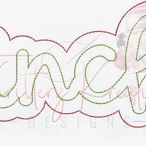 Op de afbeelding: De tekst "Grinchy" in een groen cursief lettertype met een rode omtrek. De tekst bevindt zich in een wolkvorm.
