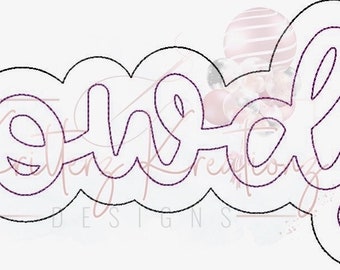 May include: A black and white outline of the word "Howdy" in a cursive font. The word is surrounded by a thick, black outline.